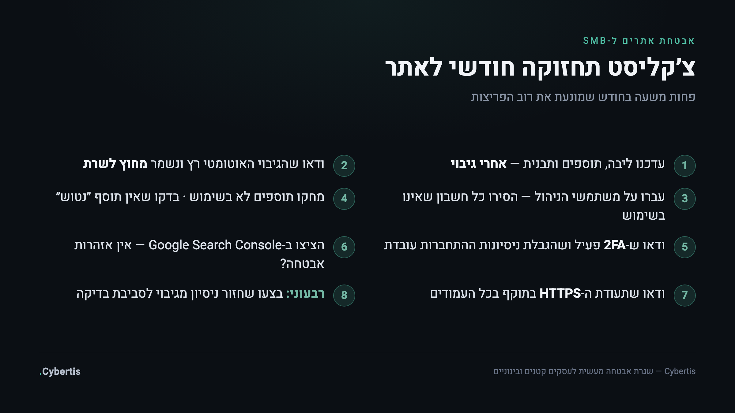צ׳קליסט תחזוקה חודשי לאתר עסקי: עדכונים, גיבוי, משתמשי ניהול, תוספים, 2FA, Search Console ו-HTTPS